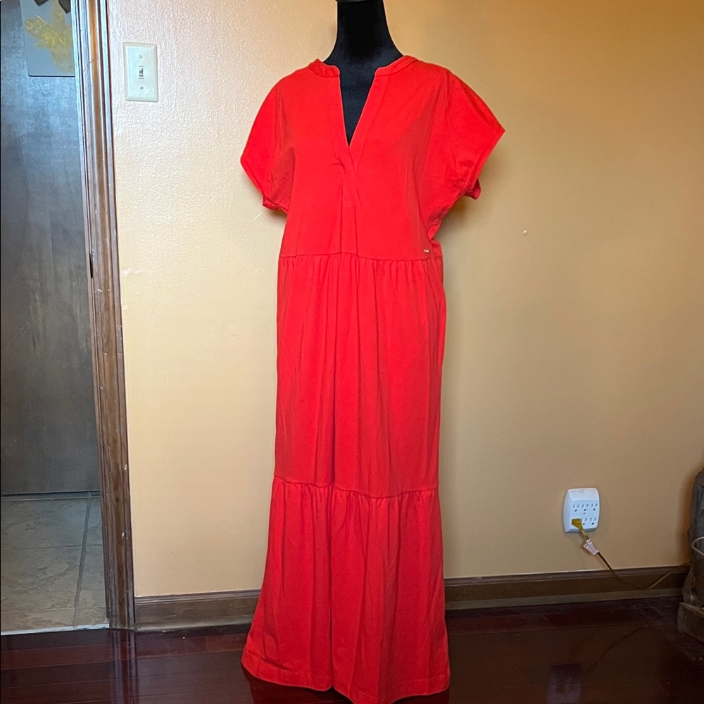 DKNY Red V-Neck Tiered Maxi Dress